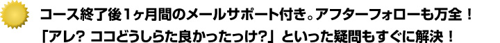 完成後1ヶ月のメールサポート付き。アフターフォローも万全 ！「アレ？ ココどうしらた良かったっけ？」 といった疑問もすぐに解決 ！